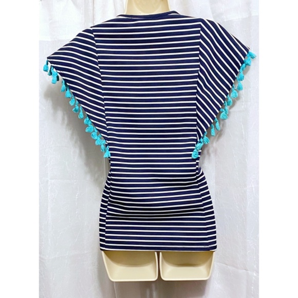 Twenty Second Blue & White Striped Top with Aqua Accented Sleeves sz:S - Picture 4 of 9
